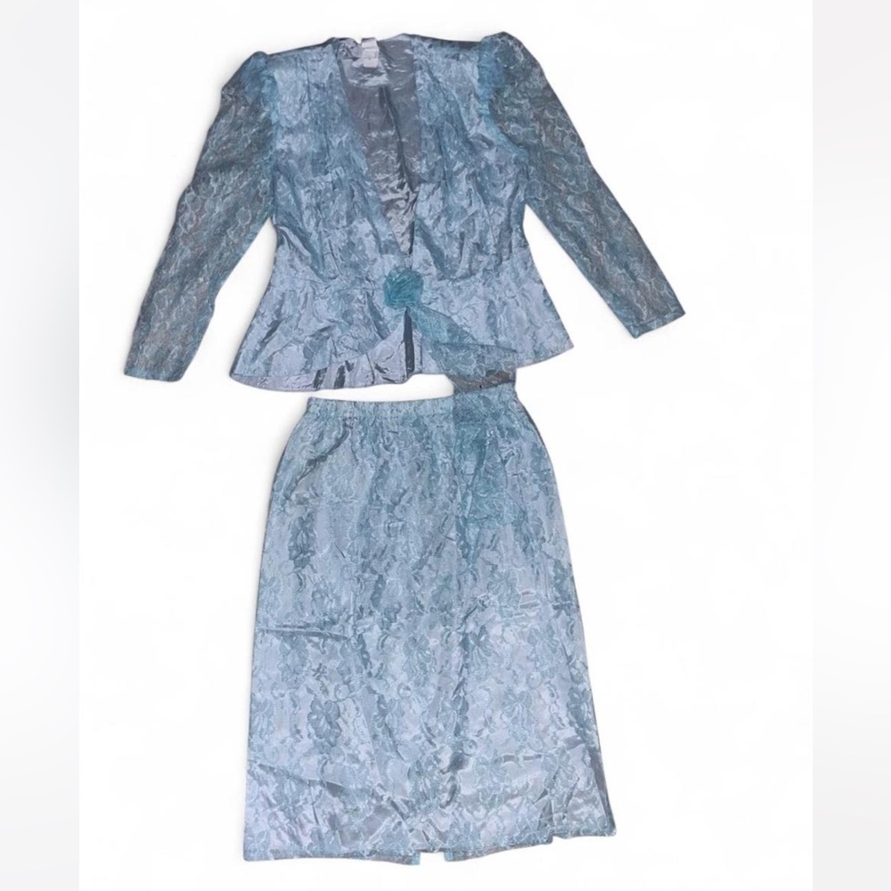 Vintage 1980s Union Made Aqua Mist Lace 2 Piece Dress & Skirt Set medium